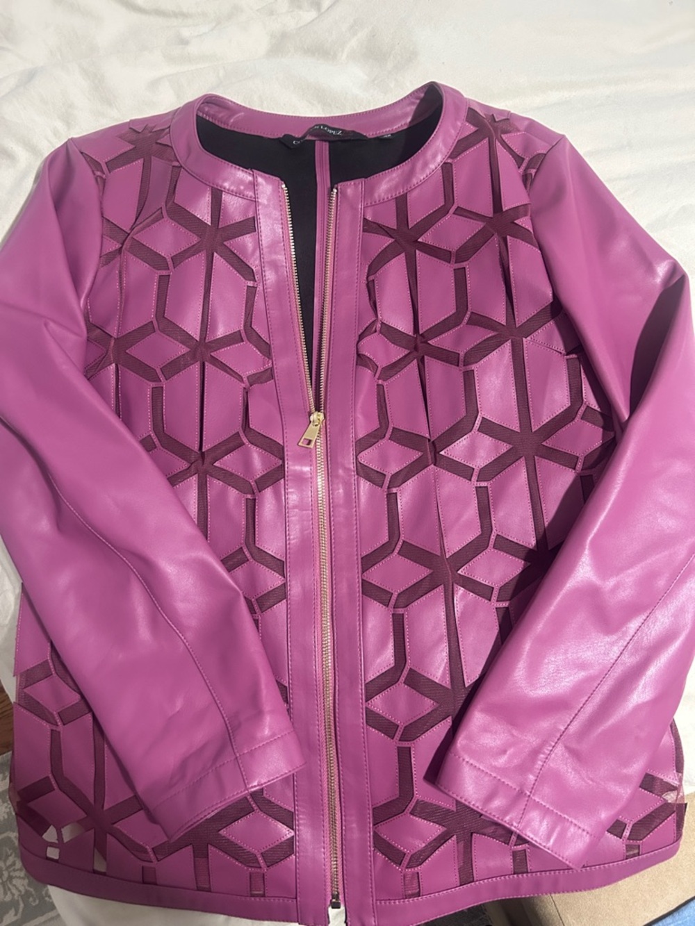 Colleen Lopez Purple-Pink Geometric Faux Leather Jacket